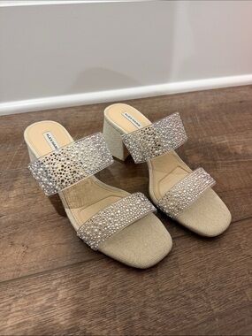 Alex Marie Champagne Crystal Double-Strap Block Heel Sandals